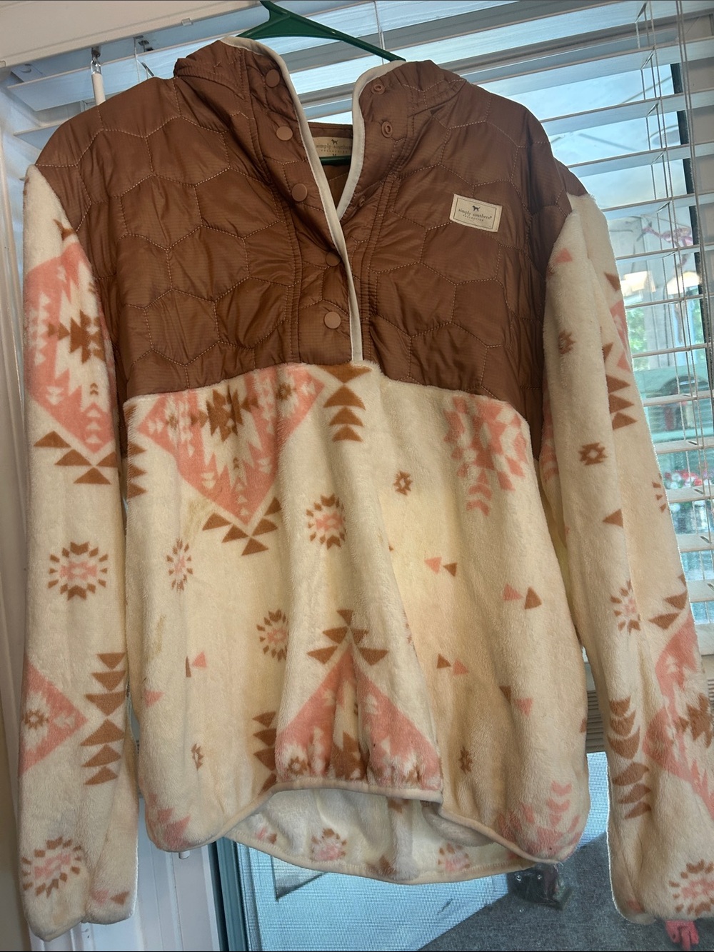 Simply Southern Brown Quilted and Cream Teddy Jacket with Pink Pattern